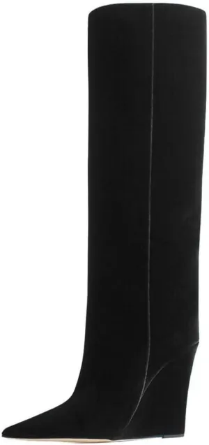 FSJ Women Wedge Heel Pointed Toe Thigh High Boots Comfortable Thick High Heel Trendy Ladies Dressy Knee High Boots Size 4-15 US