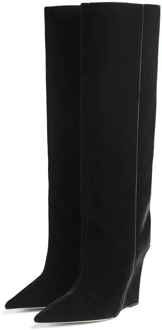FSJ Women Wedge Heel Pointed Toe Thigh High Boots Comfortable Thick High Heel Trendy Ladies Dressy Knee High Boots Size 4-15 US