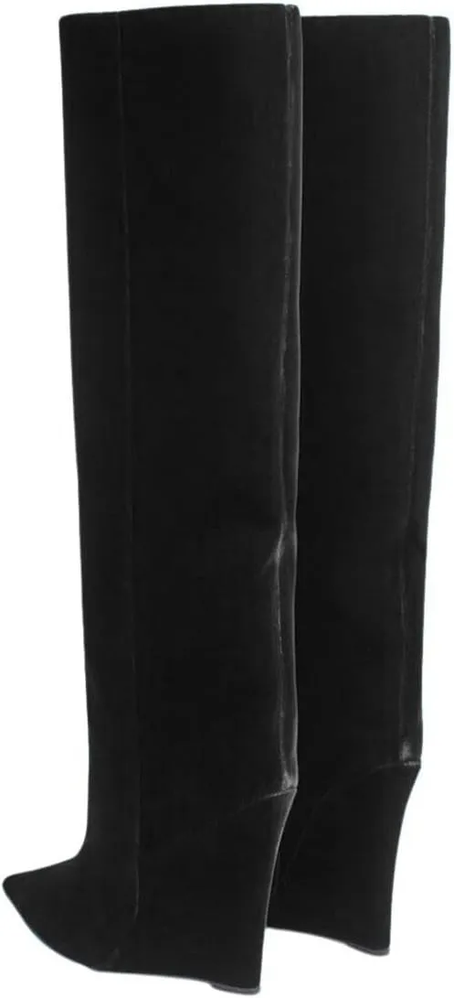 FSJ Women Wedge Heel Pointed Toe Thigh High Boots Comfortable Thick High Heel Trendy Ladies Dressy Knee High Boots Size 4-15 US