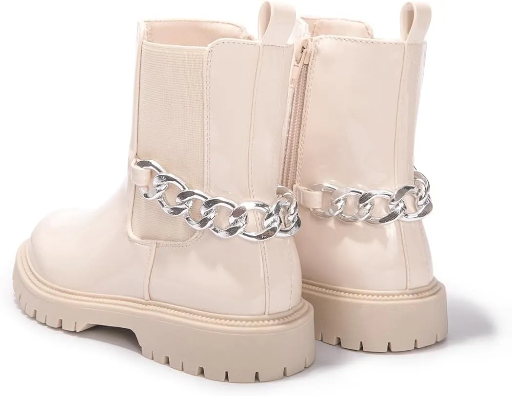 FUNKYMONKEY Boots for Girls Black White Nude Faux Leather Fashion Ankle Boots With Side Zipper for Little Kid/Big Kid
