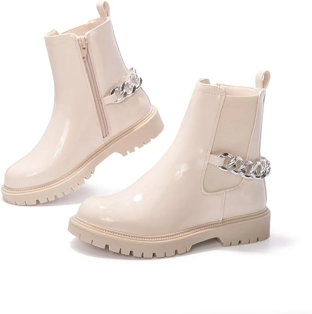 FUNKYMONKEY Boots for Girls Black White Nude Faux Leather Fashion Ankle Boots With Side Zipper for Little Kid/Big Kid