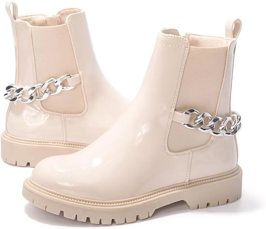 FUNKYMONKEY Boots for Girls Black White Nude Faux Leather Fashion Ankle Boots With Side Zipper for Little Kid/Big Kid