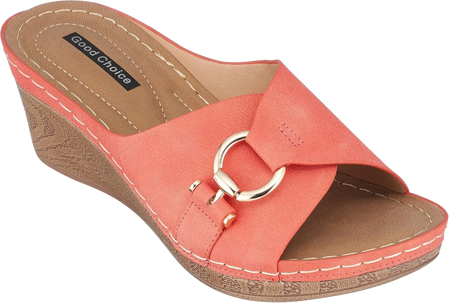 G.C. Shoes Womens Memory Foam Wedge Sandals, Open Toe Mid Heel Platform, Comfy Vegan Leather Buckle Strap Slides, Bay/Coral/9
