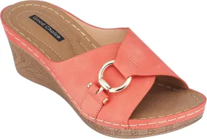 G.C. Shoes Womens Memory Foam Wedge Sandals, Open Toe Mid Heel Platform, Comfy Vegan Leather Buckle Strap Slides, Bay/Coral/9