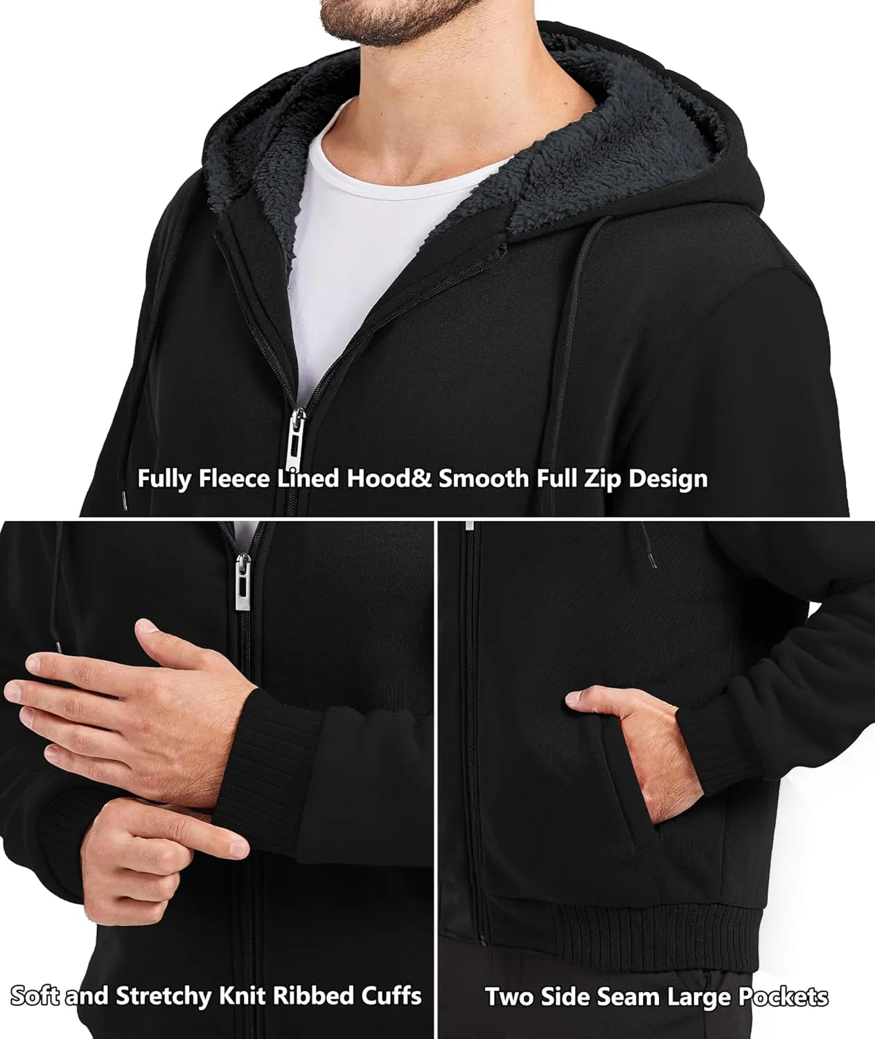 GEEK LIGHTING Hoodies for Men Heavyweight Fleece Sweatshirt - Full Zip Up Thick Sherpa Lined