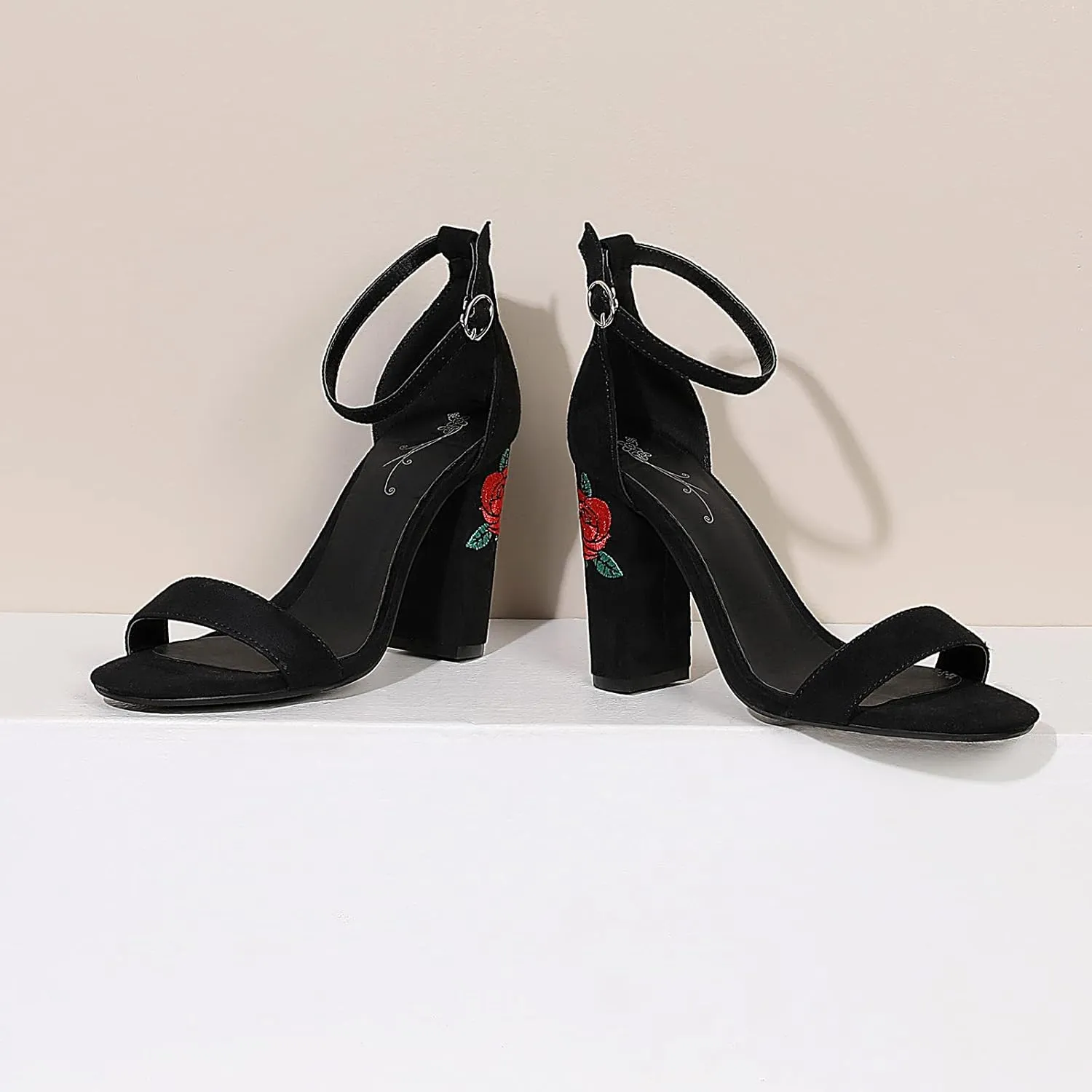 Gicoiz Women Classic Open Toe Embroidered Block Heel Sandals