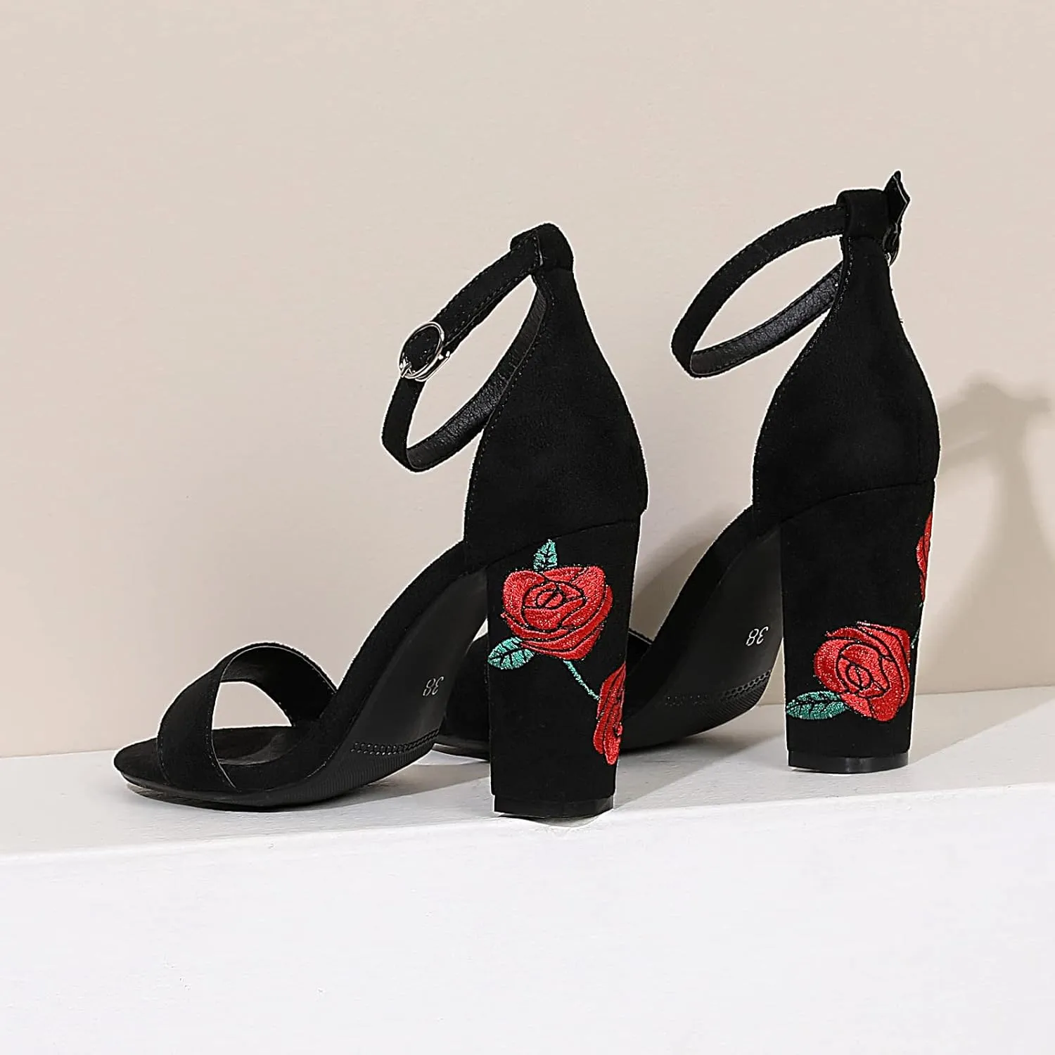 Gicoiz Women Classic Open Toe Embroidered Block Heel Sandals