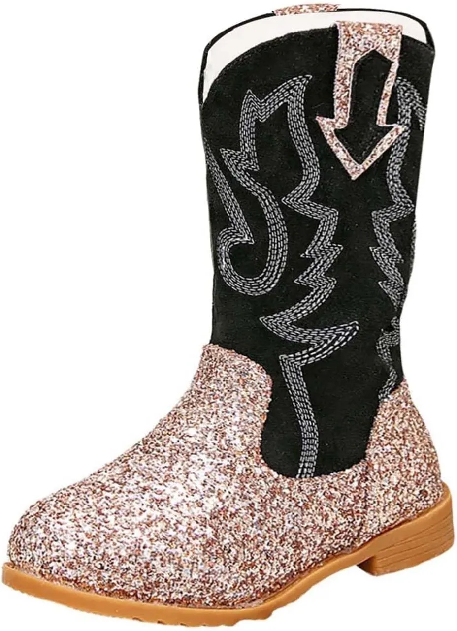 Girls Cowgirl Boots Kids Mid Calf Boots Glitter Cowboy Boots Side Zipper Riding Shoes Party Birthday Dance Shoes