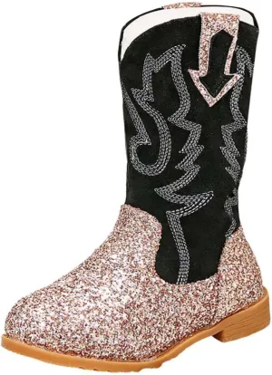 Girls Cowgirl Boots Kids Mid Calf Boots Glitter Cowboy Boots Side Zipper Riding Shoes Party Birthday Dance Shoes