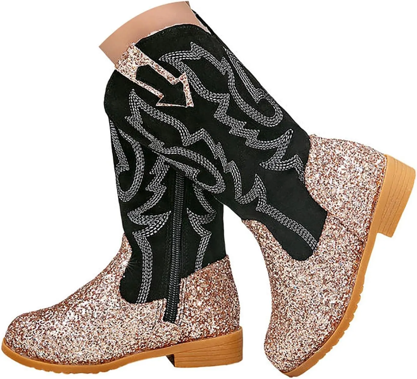 Girls Cowgirl Boots Kids Mid Calf Boots Glitter Cowboy Boots Side Zipper Riding Shoes Party Birthday Dance Shoes