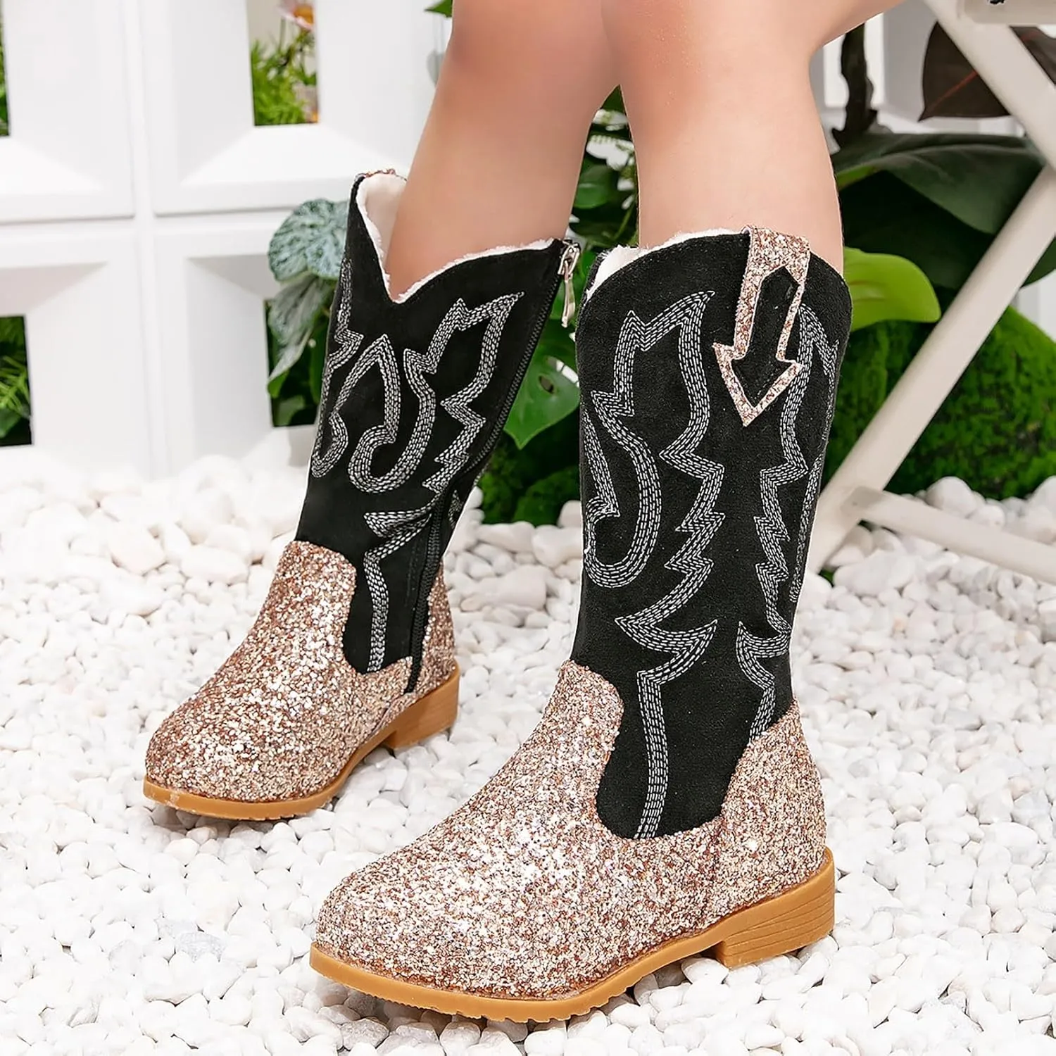 Girls Cowgirl Boots Kids Mid Calf Boots Glitter Cowboy Boots Side Zipper Riding Shoes Party Birthday Dance Shoes