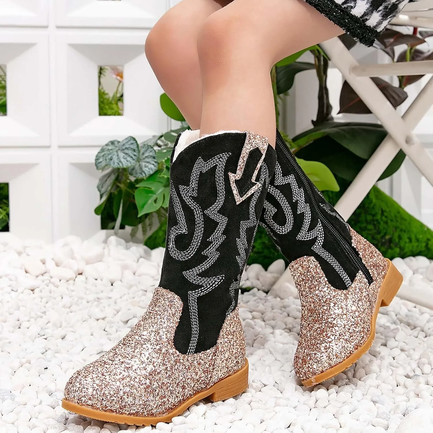 Girls Cowgirl Boots Kids Mid Calf Boots Glitter Cowboy Boots Side Zipper Riding Shoes Party Birthday Dance Shoes