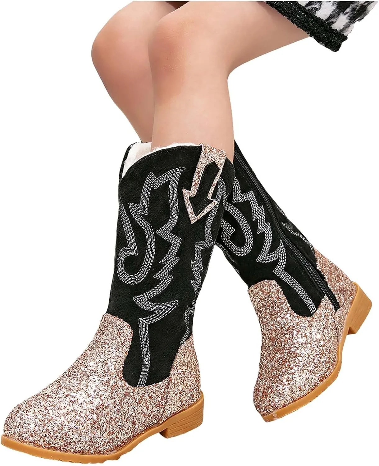 Girls Cowgirl Boots Kids Mid Calf Boots Glitter Cowboy Boots Side Zipper Riding Shoes Party Birthday Dance Shoes
