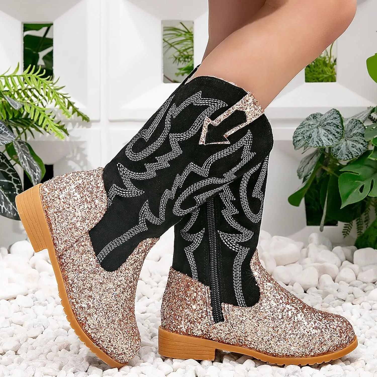 Girls Cowgirl Boots Kids Mid Calf Boots Glitter Cowboy Boots Side Zipper Riding Shoes Party Birthday Dance Shoes
