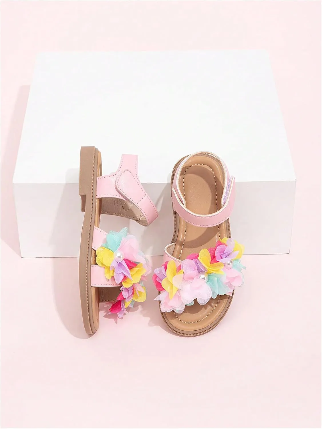 GORGLITTER Girl's Sandals Dressy Flower Pearl Open Toe Ankle Strap Leather Sandals