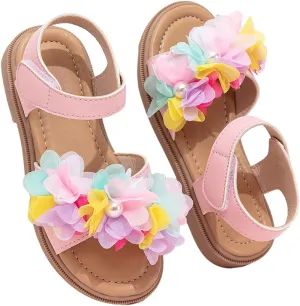 GORGLITTER Girl's Sandals Dressy Flower Pearl Open Toe Ankle Strap Leather Sandals