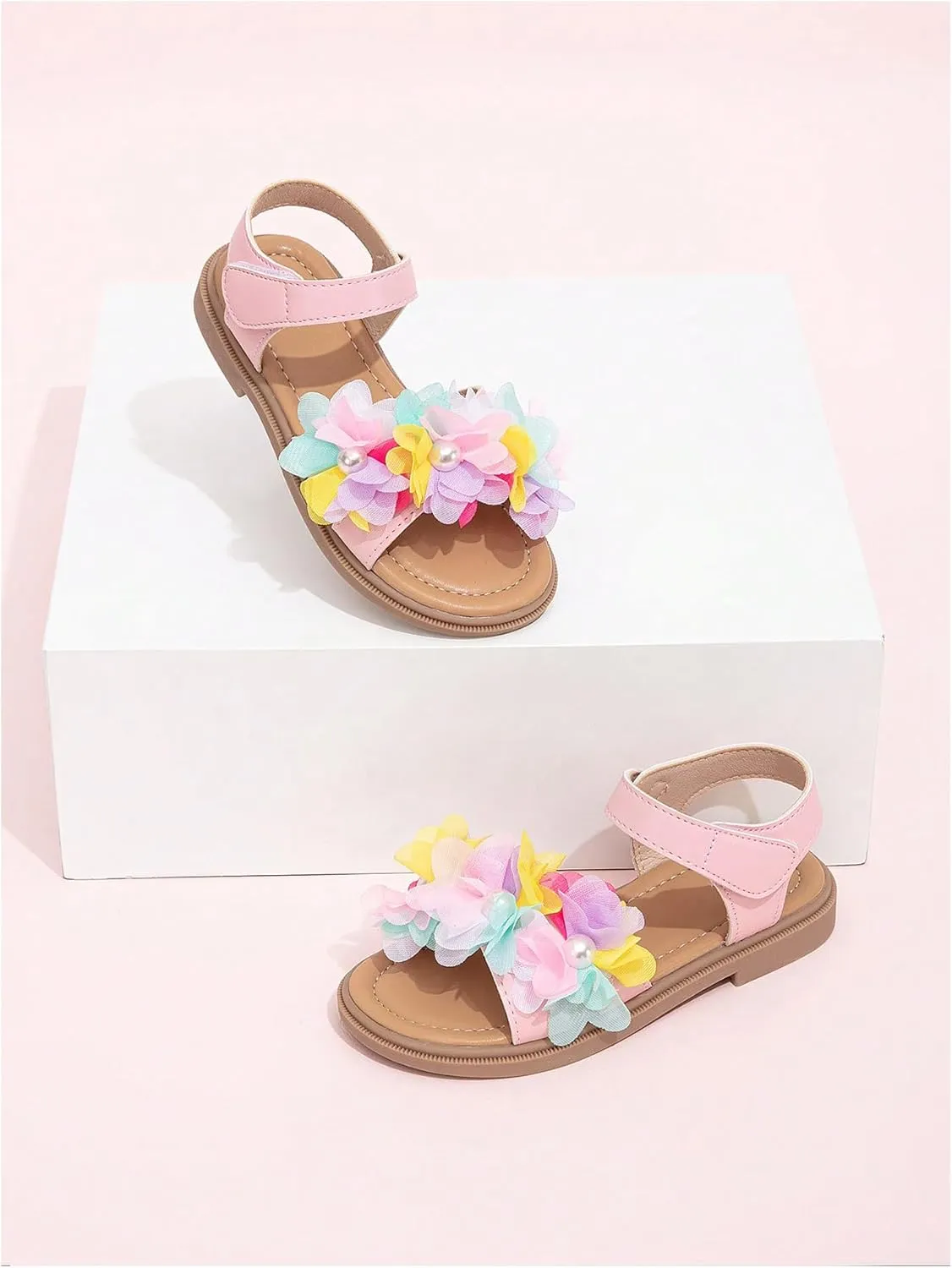 GORGLITTER Girl's Sandals Dressy Flower Pearl Open Toe Ankle Strap Leather Sandals