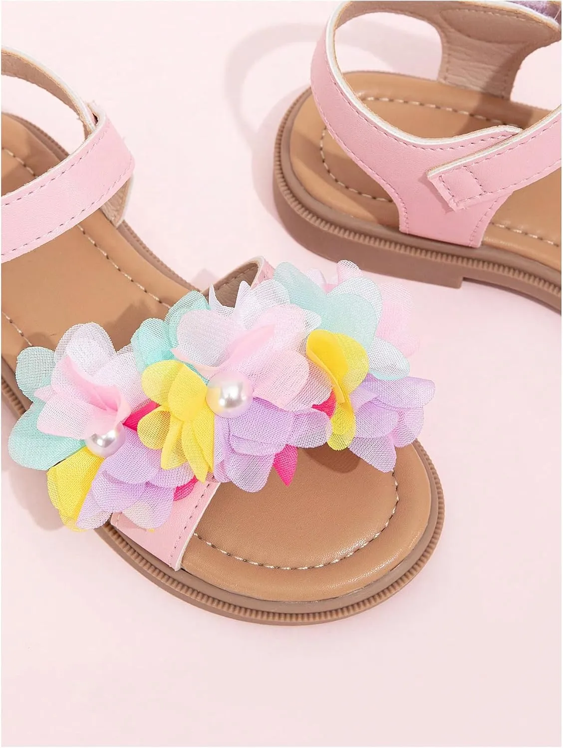 GORGLITTER Girl's Sandals Dressy Flower Pearl Open Toe Ankle Strap Leather Sandals