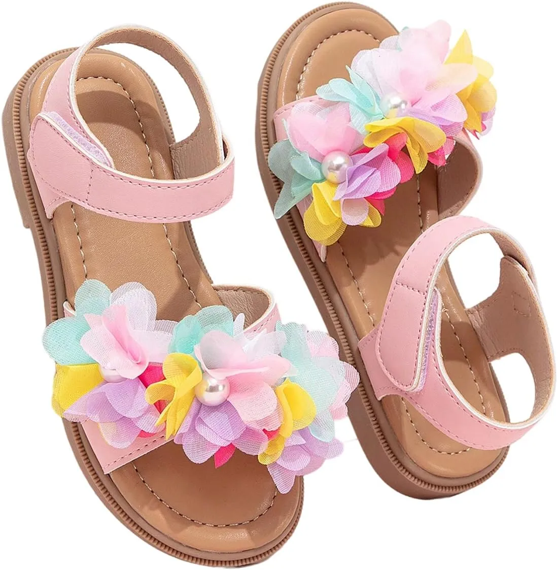 GORGLITTER Girl's Sandals Dressy Flower Pearl Open Toe Ankle Strap Leather Sandals