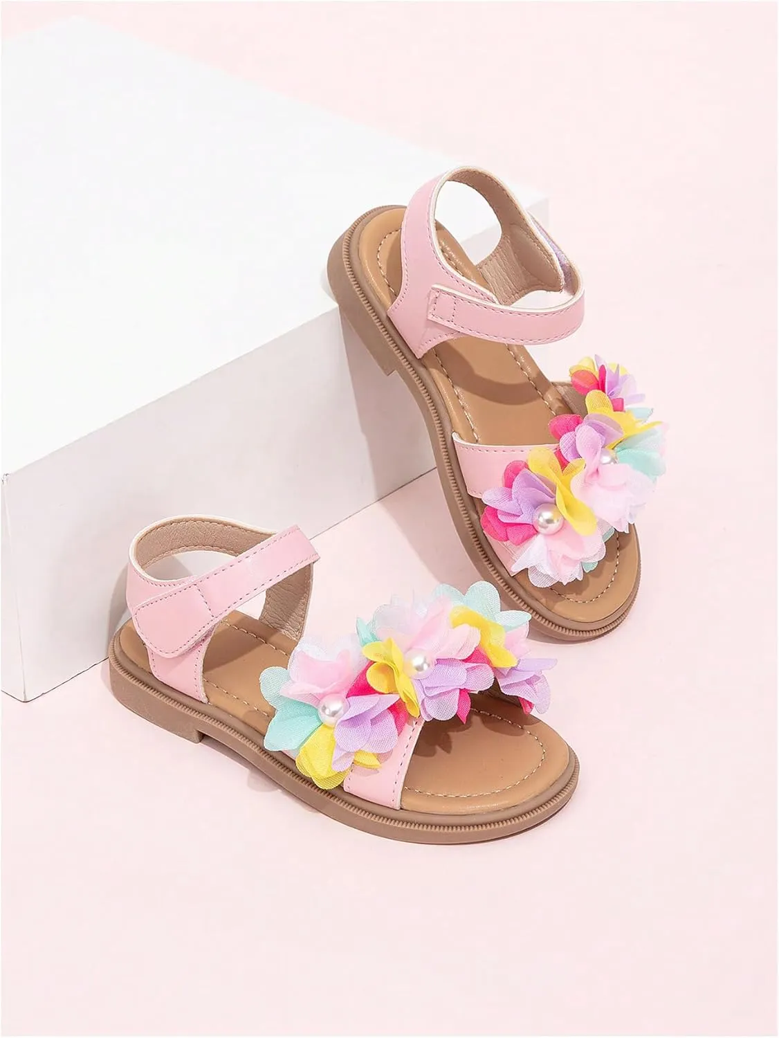 GORGLITTER Girl's Sandals Dressy Flower Pearl Open Toe Ankle Strap Leather Sandals