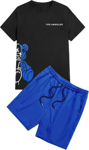 GORGLITTER Men's Letter Graphic Print T Shirts Short Sleeve Top & Shorts Casual Two Piece Sets