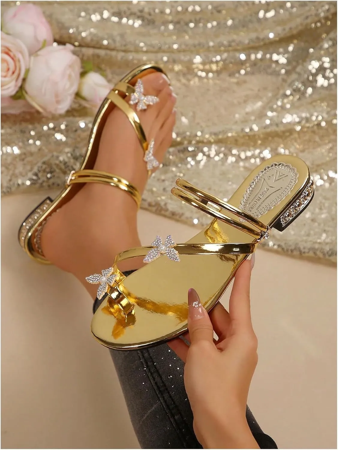 GORGLITTER Women's Rhinestone Butterfly Metallic Sandals Open Toe Ankle Strap Toe Post Dressy Flats