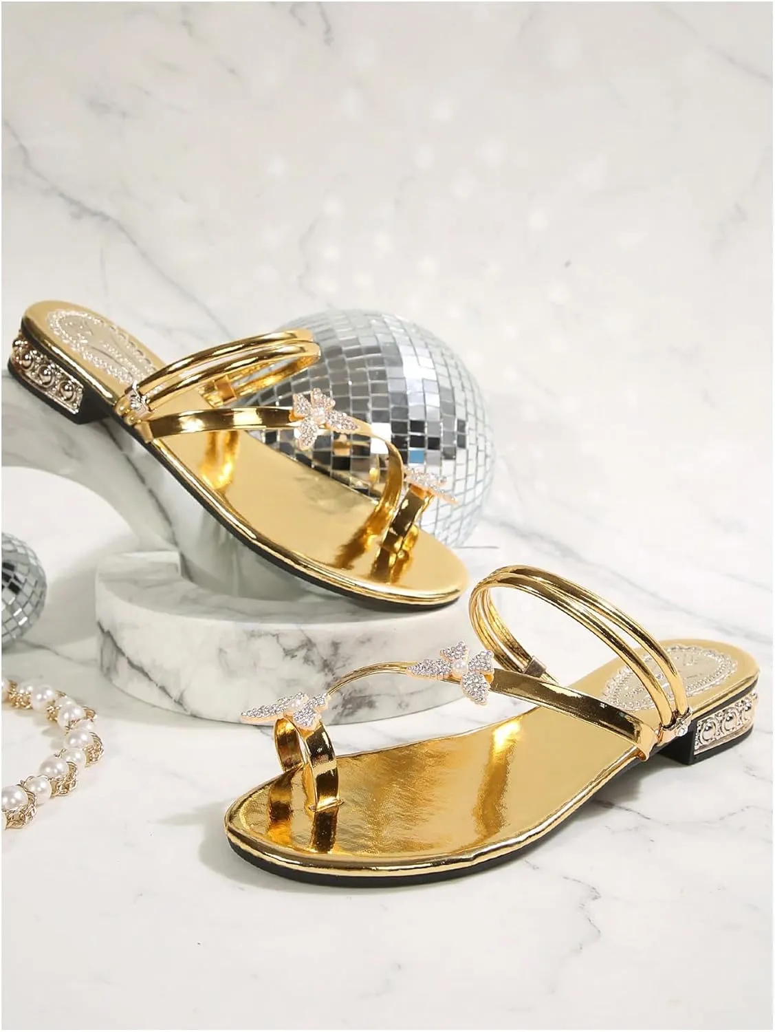 GORGLITTER Women's Rhinestone Butterfly Metallic Sandals Open Toe Ankle Strap Toe Post Dressy Flats