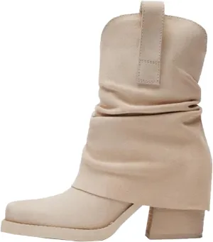 GORZADEUL Women's Brown Square Toe Folding Mid-Calf Thick Heel Riding Pull-Up Suede Boots