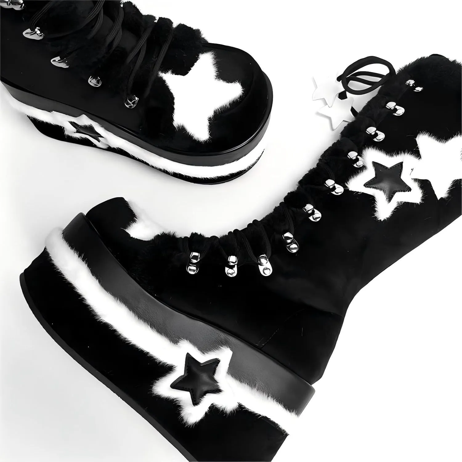 GURURU Women's Goth Boots with Star Shape Elements - Mid Calf, Chunky High Heel, Punk Goth, Warm Fur Platform Boots