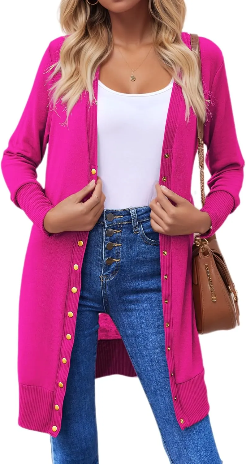 Halife Womens Long Sleeve Cardigans Lightweight Ribbed Neckline Soft Knit Cardigan Sweater with Buttons