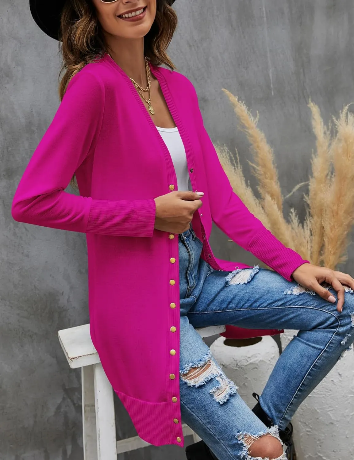 Halife Womens Long Sleeve Cardigans Lightweight Ribbed Neckline Soft Knit Cardigan Sweater with Buttons