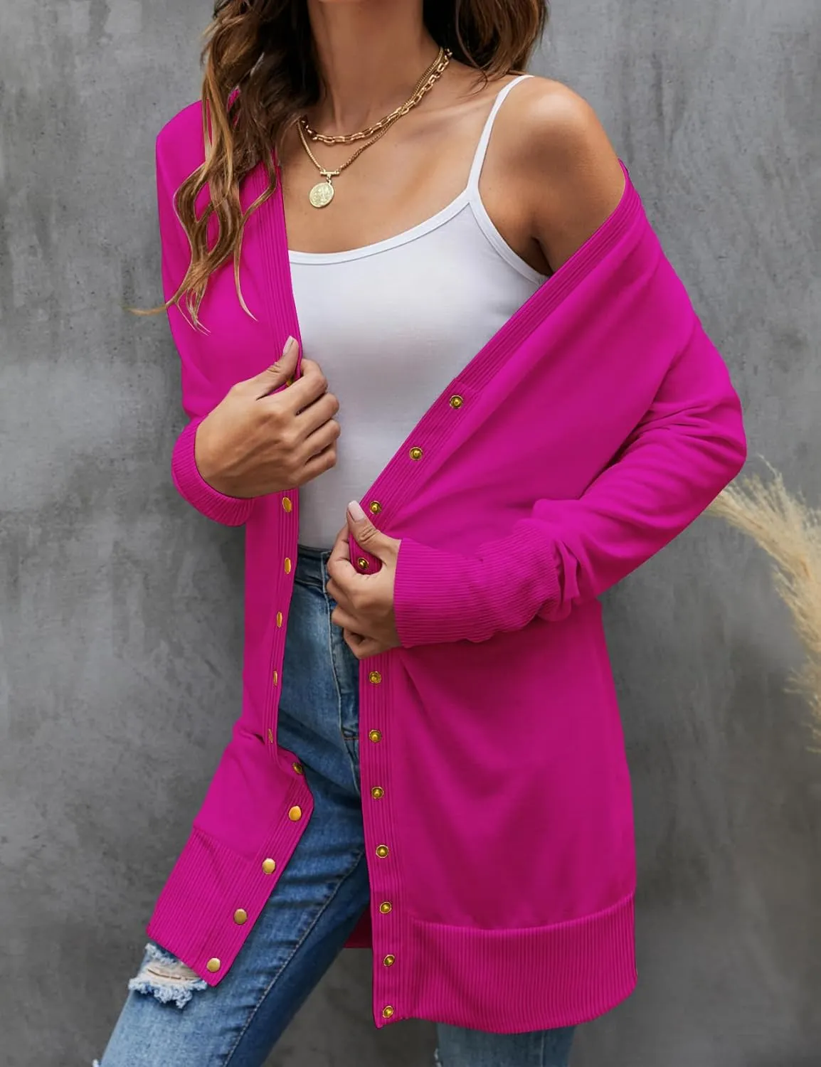 Halife Womens Long Sleeve Cardigans Lightweight Ribbed Neckline Soft Knit Cardigan Sweater with Buttons