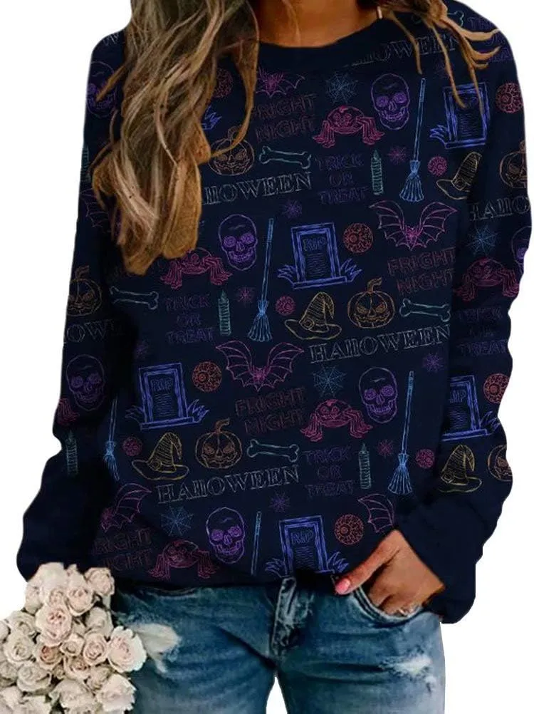 Halloween Pumpkin Sweatshirt Crewneck Pullover - Animal Cat Bat Print Casual Loose Long Sleeve Tops Shirts