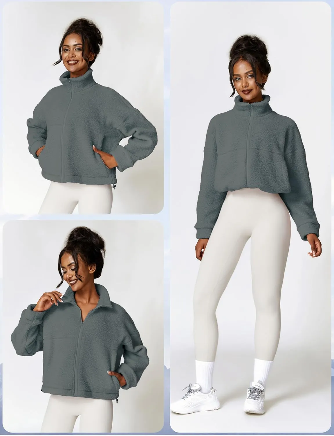 HerGymClothing Womens Sherpa Cropped Jacket Stand Collar Full Zip Long Sleeve Short Fleece Coat With Pockets