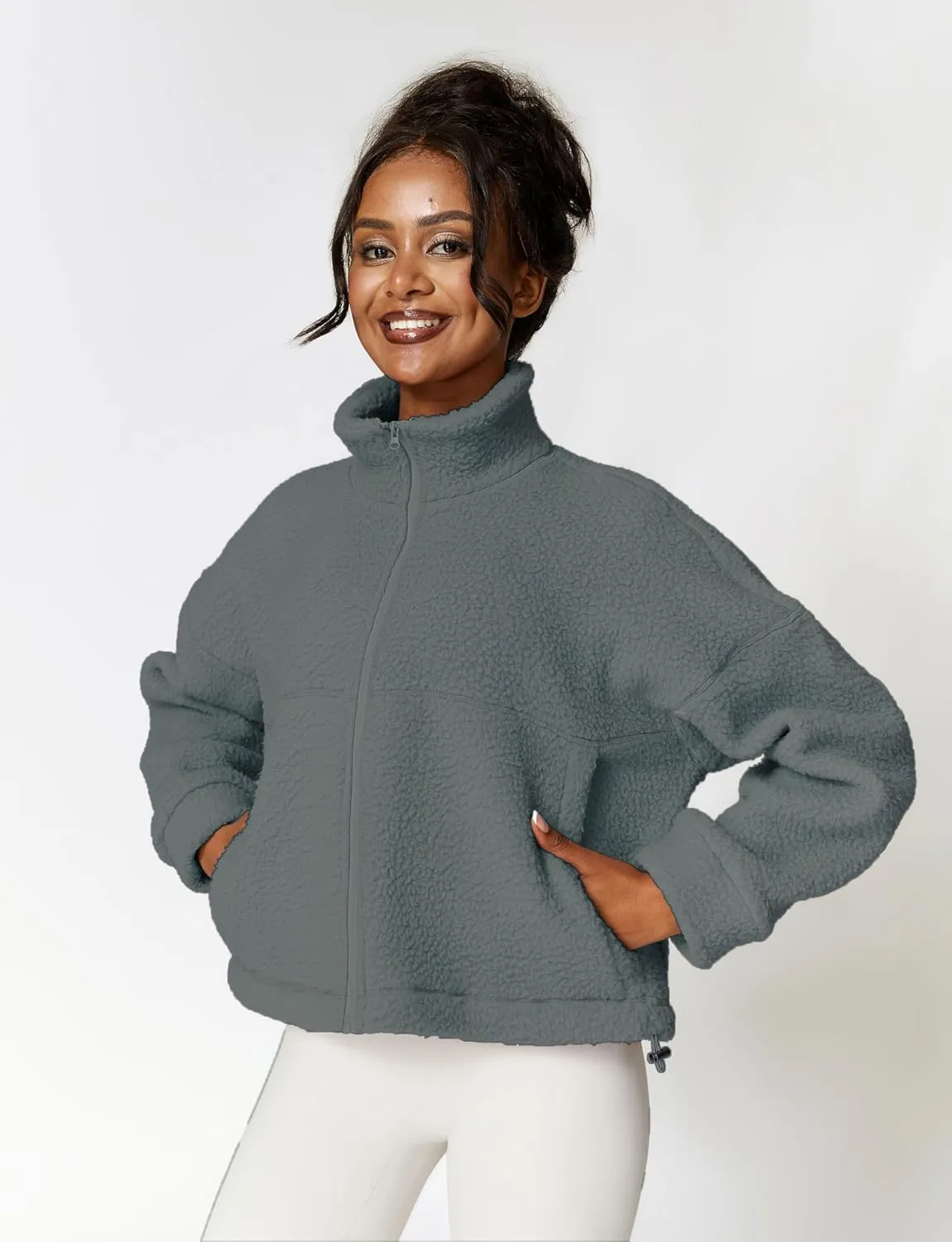 HerGymClothing Womens Sherpa Cropped Jacket Stand Collar Full Zip Long Sleeve Short Fleece Coat With Pockets