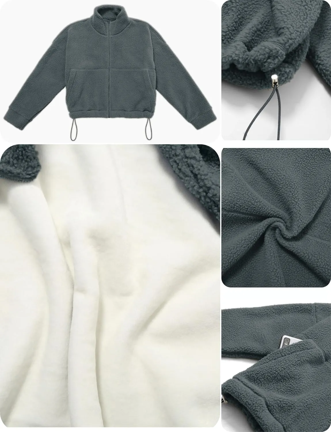 HerGymClothing Womens Sherpa Cropped Jacket Stand Collar Full Zip Long Sleeve Short Fleece Coat With Pockets