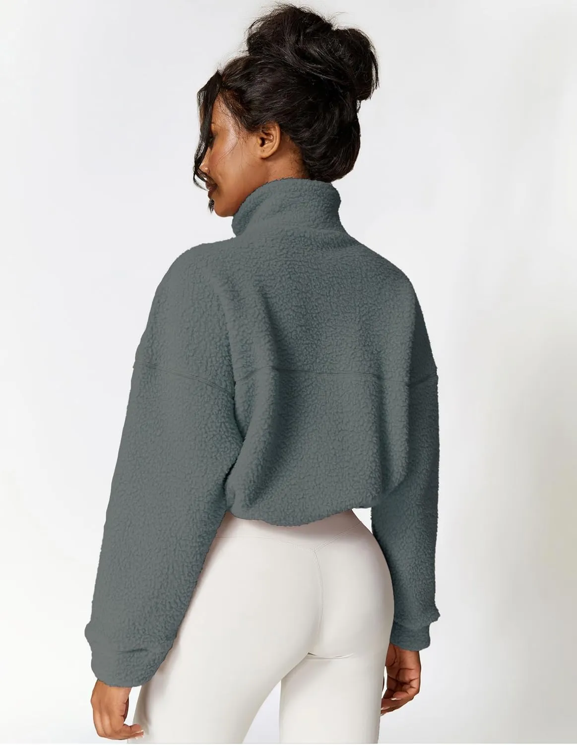 HerGymClothing Womens Sherpa Cropped Jacket Stand Collar Full Zip Long Sleeve Short Fleece Coat With Pockets