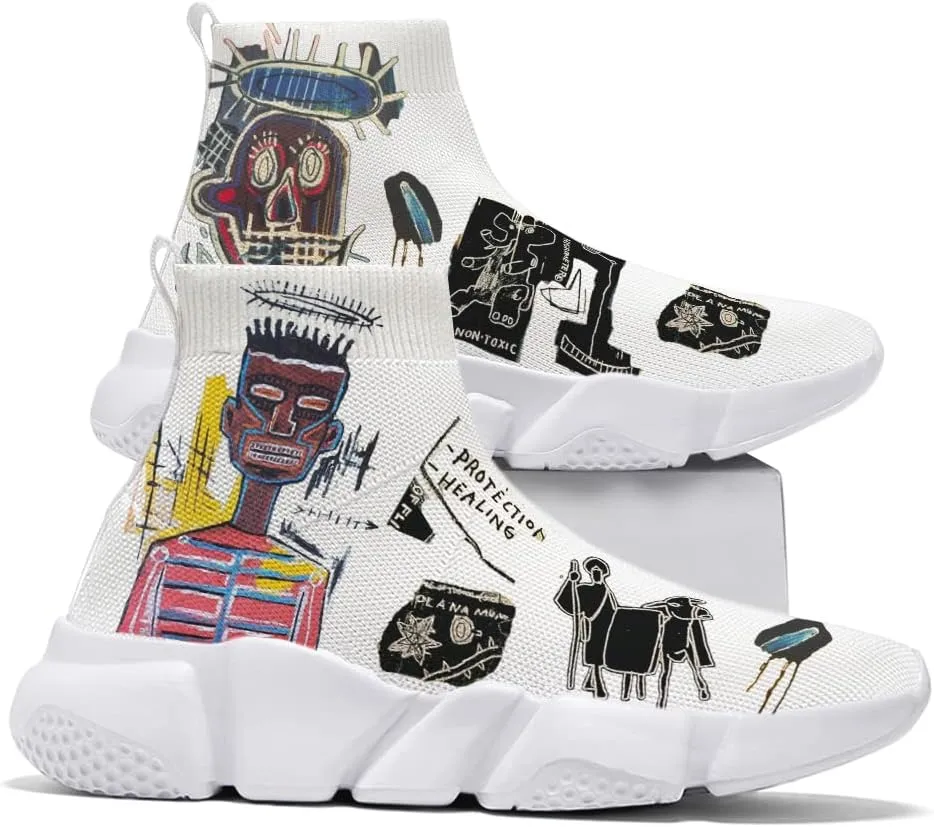 Hetios Womens Fashion Tennis Sneakers White Socks Shoes Graffiti Painted Casual Walking Shoes