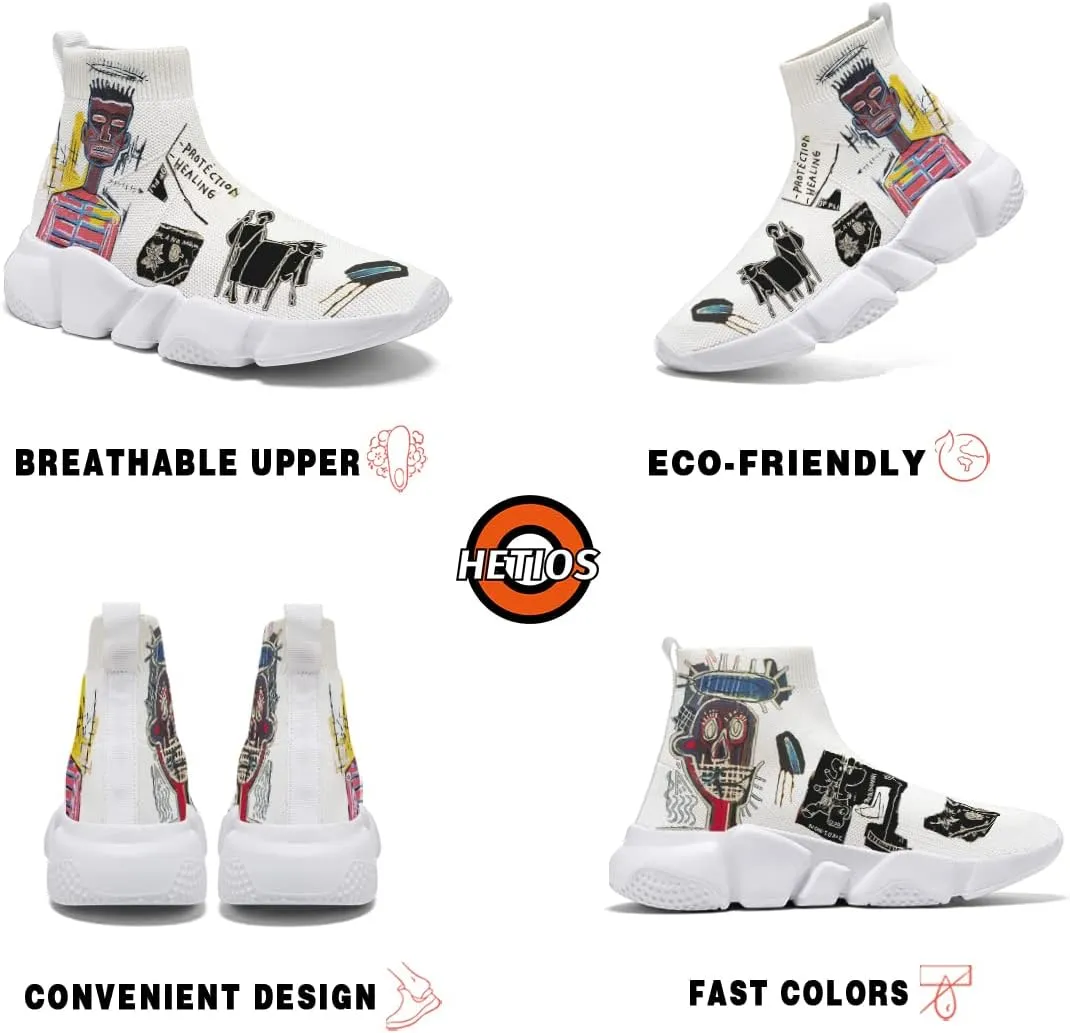 Hetios Womens Fashion Tennis Sneakers White Socks Shoes Graffiti Painted Casual Walking Shoes