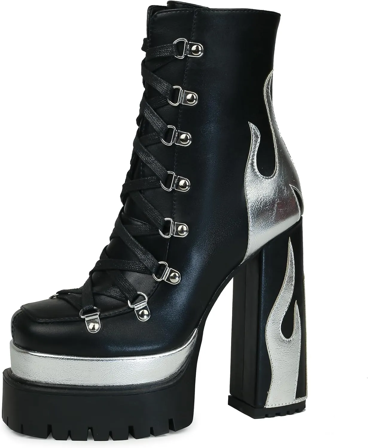 HiColor women’s silver flames printing high-heeled thick-heeled round-headed lace-up boots side zipper shoes