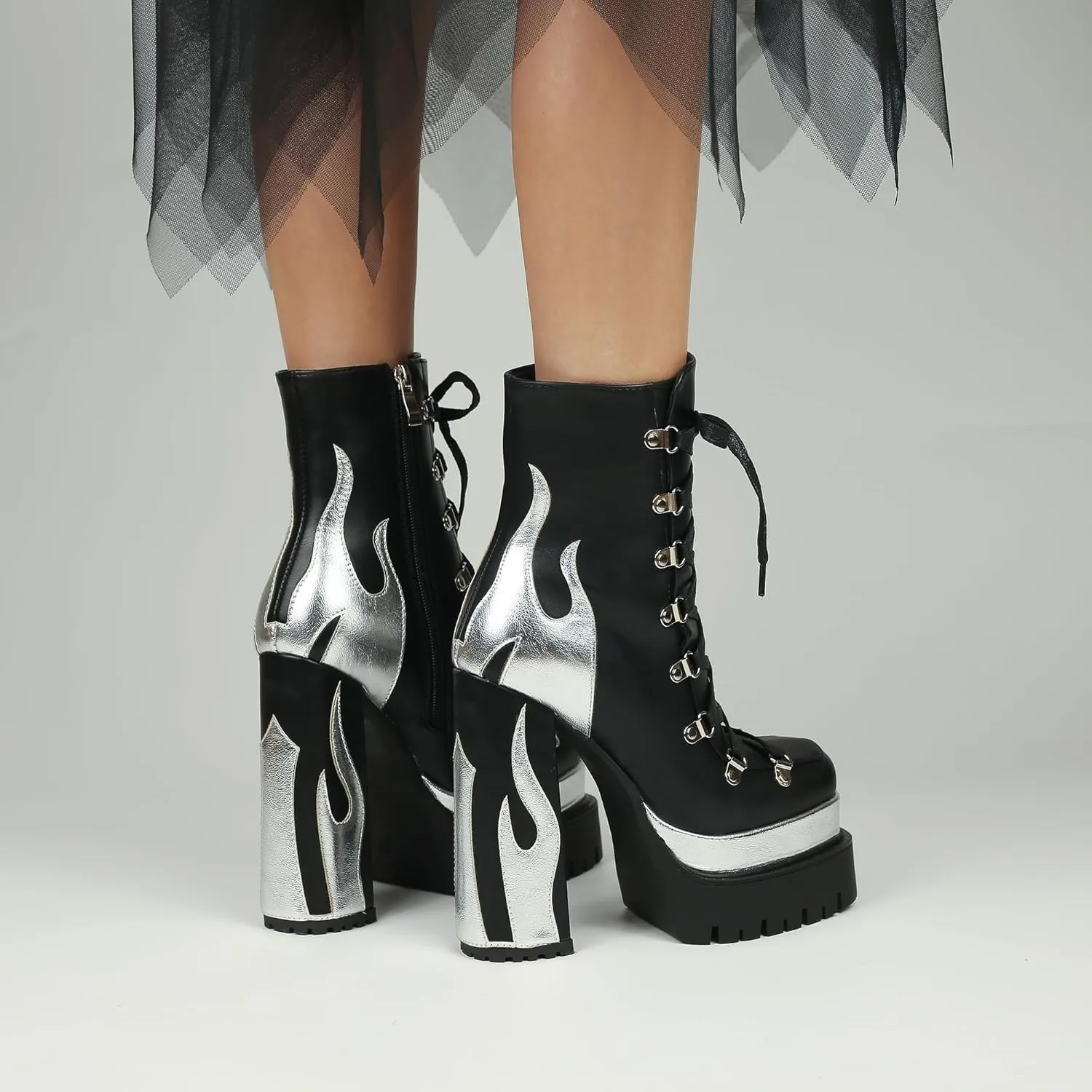 HiColor women’s silver flames printing high-heeled thick-heeled round-headed lace-up boots side zipper shoes