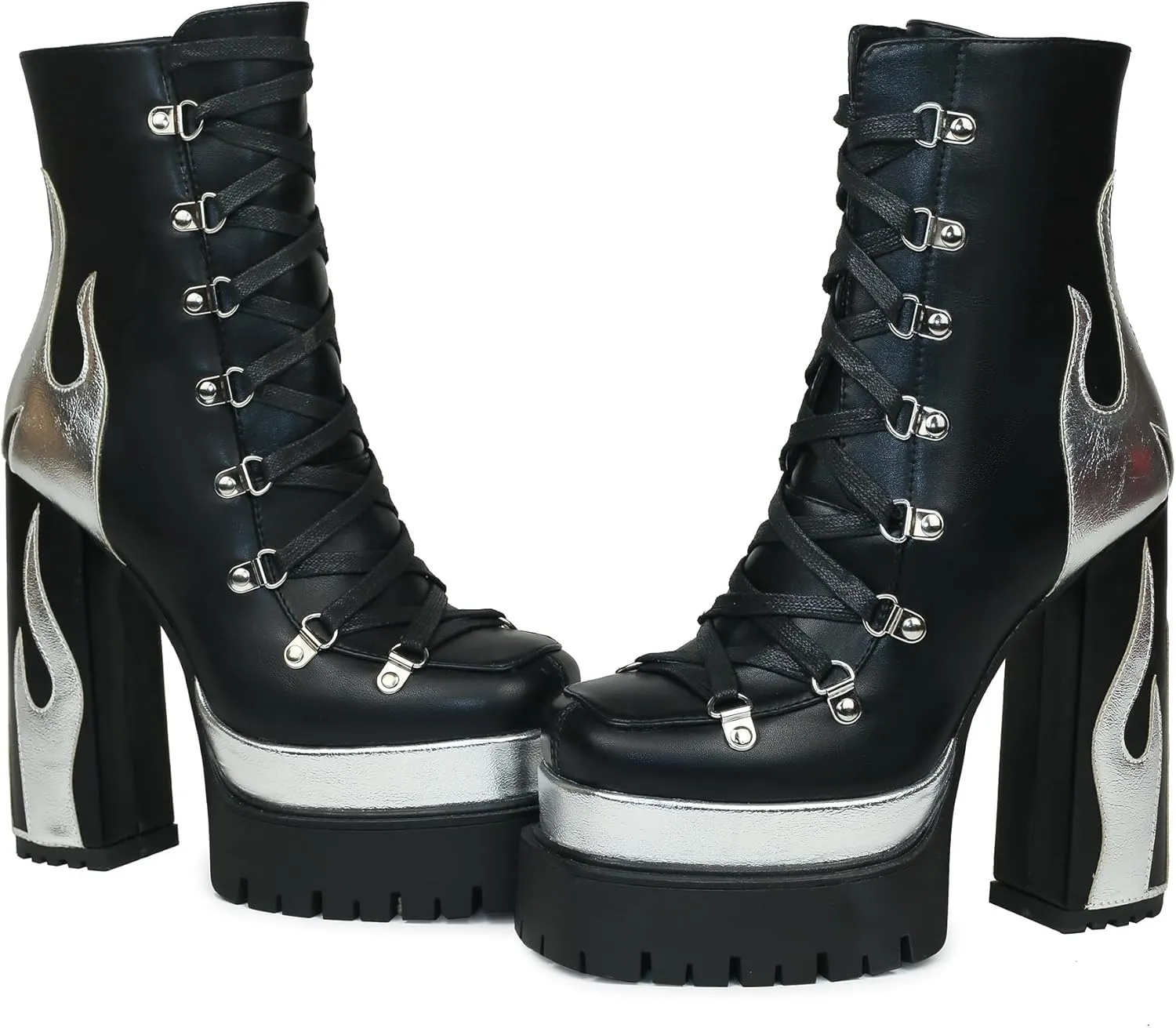 HiColor women’s silver flames printing high-heeled thick-heeled round-headed lace-up boots side zipper shoes