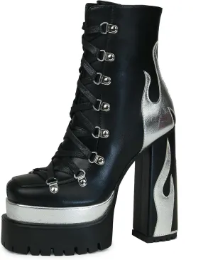 HiColor women’s silver flames printing high-heeled thick-heeled round-headed lace-up boots side zipper shoes