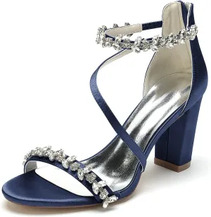 High Heels for Women Sexy Open Toe Rhinestones Chunky Heel Pumps Sandal Wedding Dress Shoes for Bride Bridal Block Heels Heeled Sandals Wide