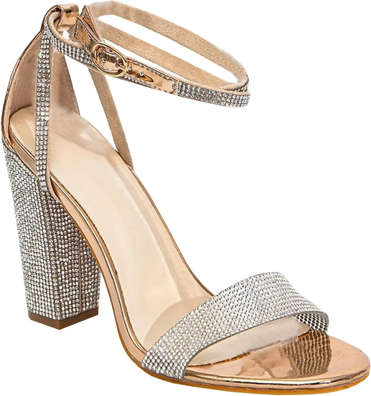 High Heels Women's Rhinestones Chunky Heel Sandals Open Toe Ankle Strap Pumps Wedding Dressy Shoes 11.5cm