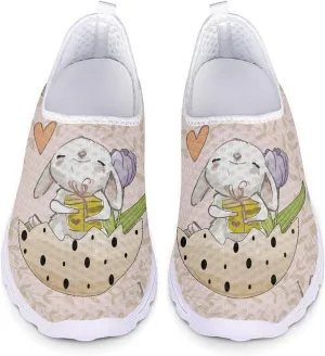 HUIACONG Easter Rabbit Egg Flat for Womens Slip On Tennis Shoes Beige Lightweight Casual Running Sneakers for Ladies Teen Girls Gym Workout Shoes Size 5.5 Comfortable Walking Shoes