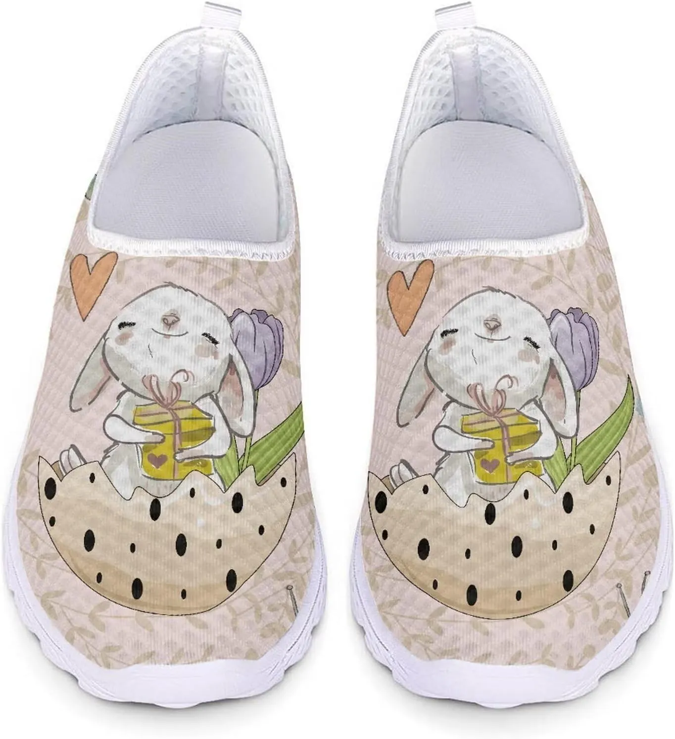 HUIACONG Easter Rabbit Egg Flat for Womens Slip On Tennis Shoes Beige Lightweight Casual Running Sneakers for Ladies Teen Girls Gym Workout Shoes Size 5.5 Comfortable Walking Shoes