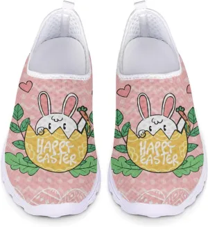 HUIACONG Happy Easter Rabbit Egg Shoes for Women Slip On Sneakers Pink Teen Girls Walking Shoes Size 5.5 Summer Footwear Casual Running Jogging Tennis Trainers for Yoga Dance Fitness