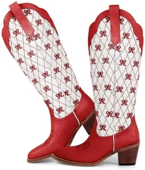 Huntarry Heart Boots for Women Red Cowboy Boots Embroidered Inlay Heart Knee High Round Toe Boots Chunky Heel Cowgirl Boots Valentines Day Boots
