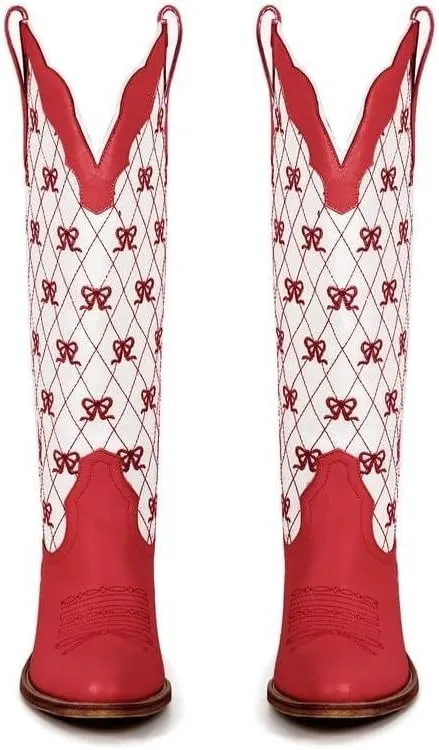 Huntarry Heart Boots for Women Red Cowboy Boots Embroidered Inlay Heart Knee High Round Toe Boots Chunky Heel Cowgirl Boots Valentines Day Boots
